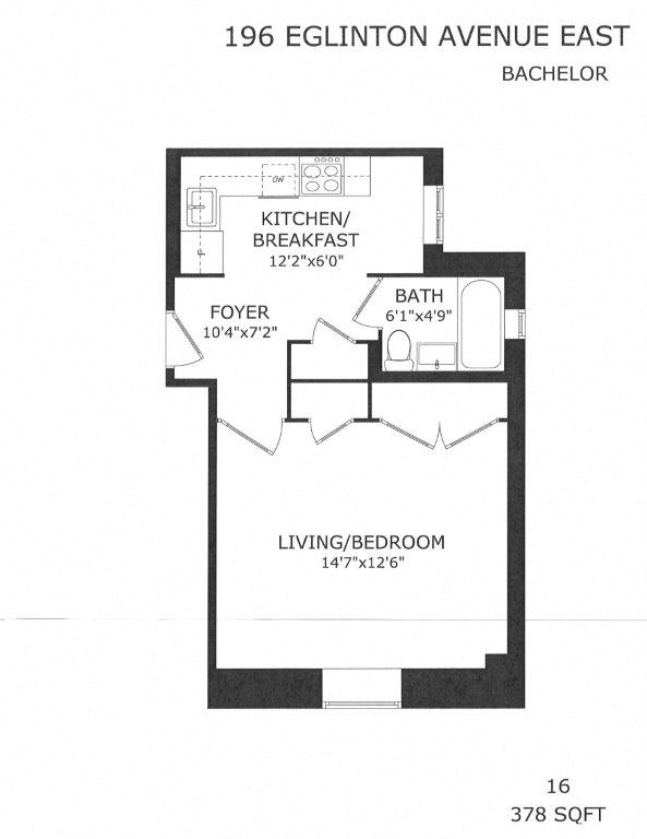 Floor plan for studio, 1 bath, 378 sqft