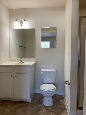 Laurel apartment for rent - a bathroom with a toilet and a sink and a mirror