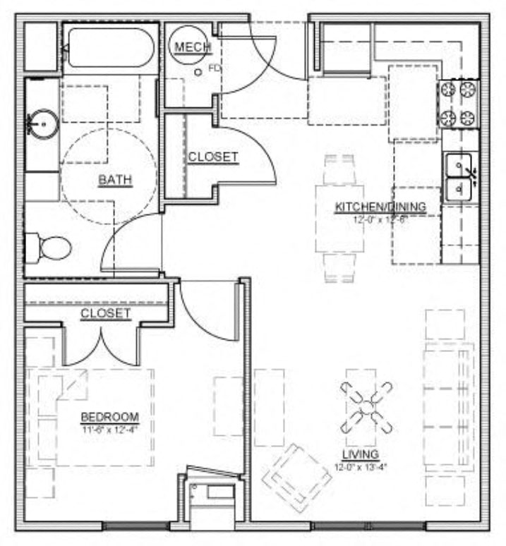 Floor plan for 1 bed, 1 bath, 773 sqft
