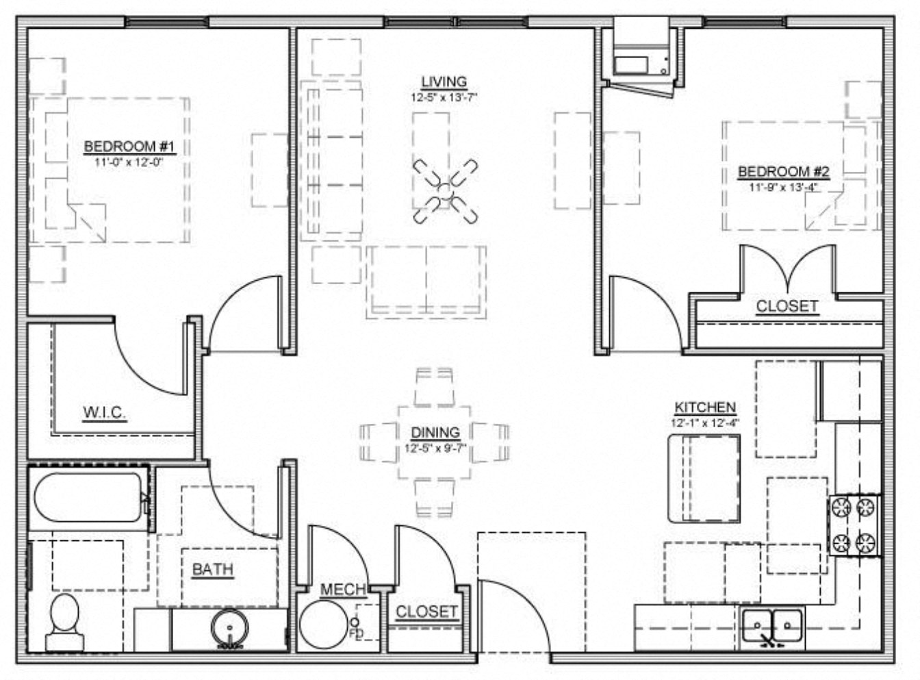 Floor plan for 2 beds, 1 bath, 932 sqft