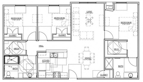 Floor plan for 3 beds, 2 baths, 1273 sqft