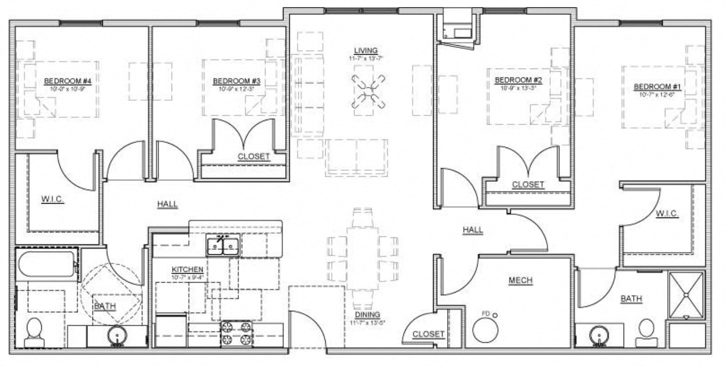 Floor plan for 4 beds, 2 baths, 1476 sqft