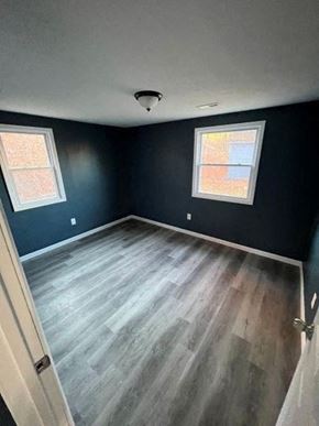 Medina house for rent - A room with dark blue walls and wooden flooring with two windows.