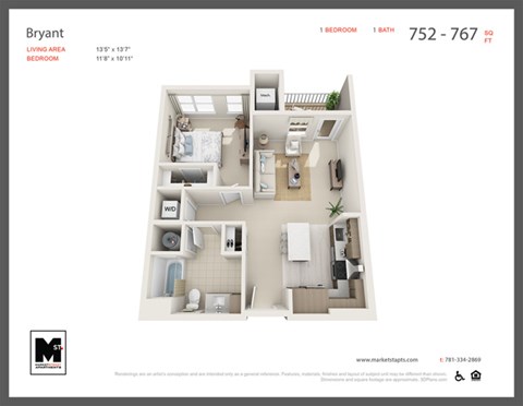 Floor plan for 1 bed, 1 bath, 767 sqft
