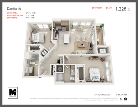 Floor plan for 2 beds, 2 baths, 1228 sqft