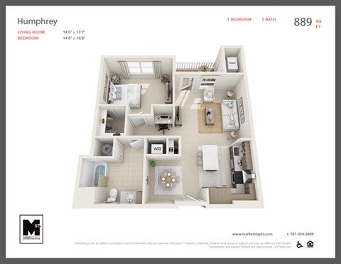 Floor plan for 1 bed, 1 bath, 890 sqft