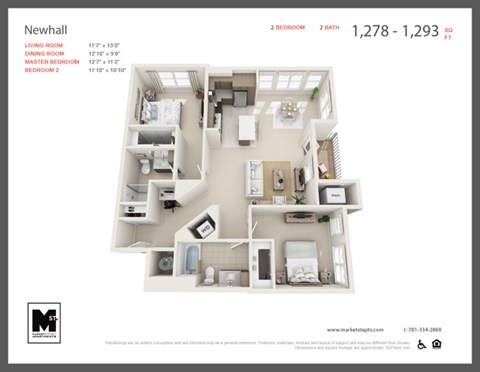 Floor plan for 2 beds, 2 baths, 1293 sqft