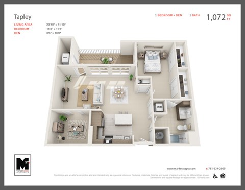 Floor plan for 1 bed, 1 bath, 1072 sqft