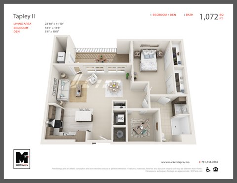 Floor plan for 1 bed, 1 bath, 1072 sqft