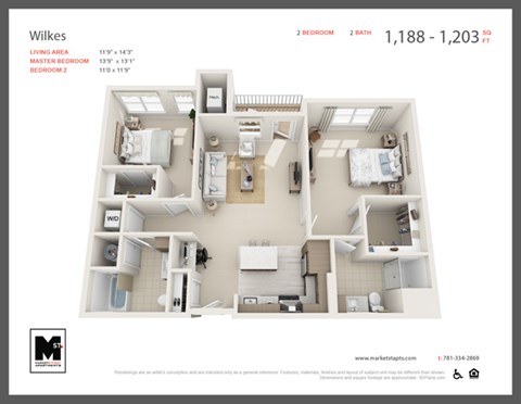 Floor plan for 2 beds, 2 baths, 1203 sqft