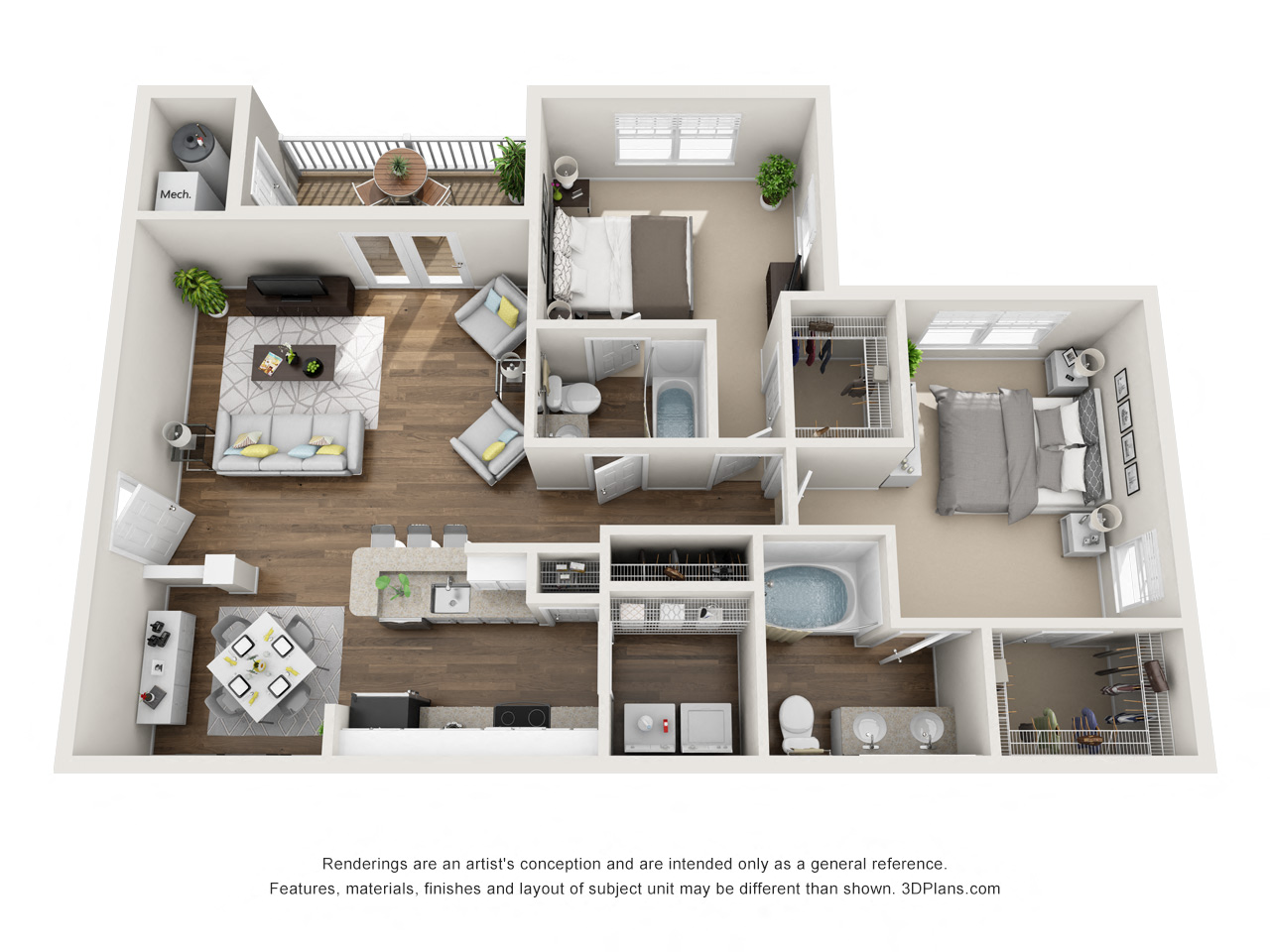 Floor plan for 2 beds, 2 baths, 1141 sqft