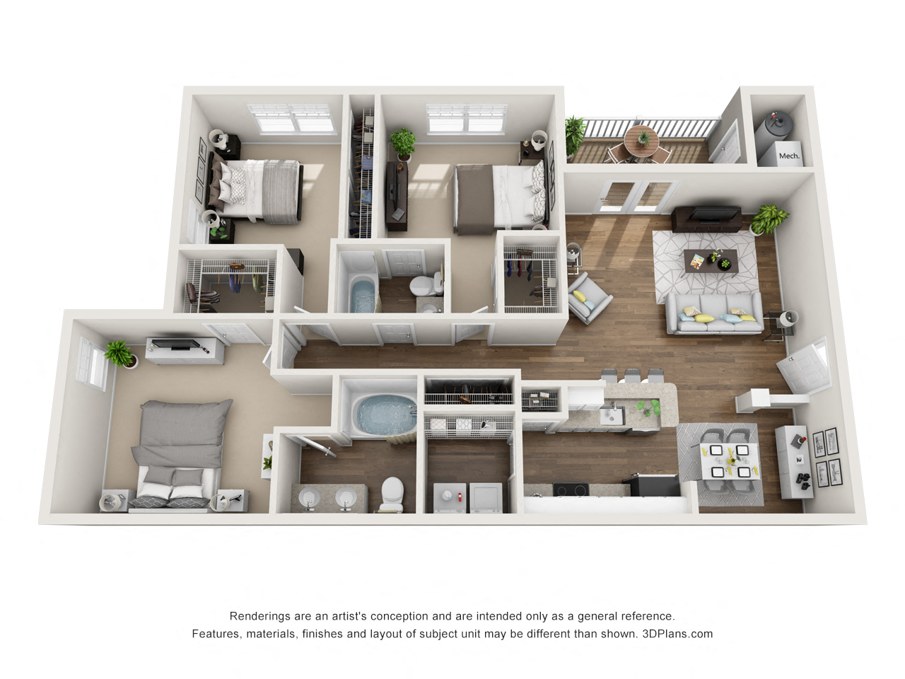 Floor plan for 3 beds, 2 baths, 1368 sqft