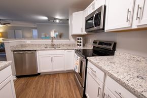 Virginia Beach apartment for rent - a kitchen with white cabinets and granite counter tops and stainless steel appliances