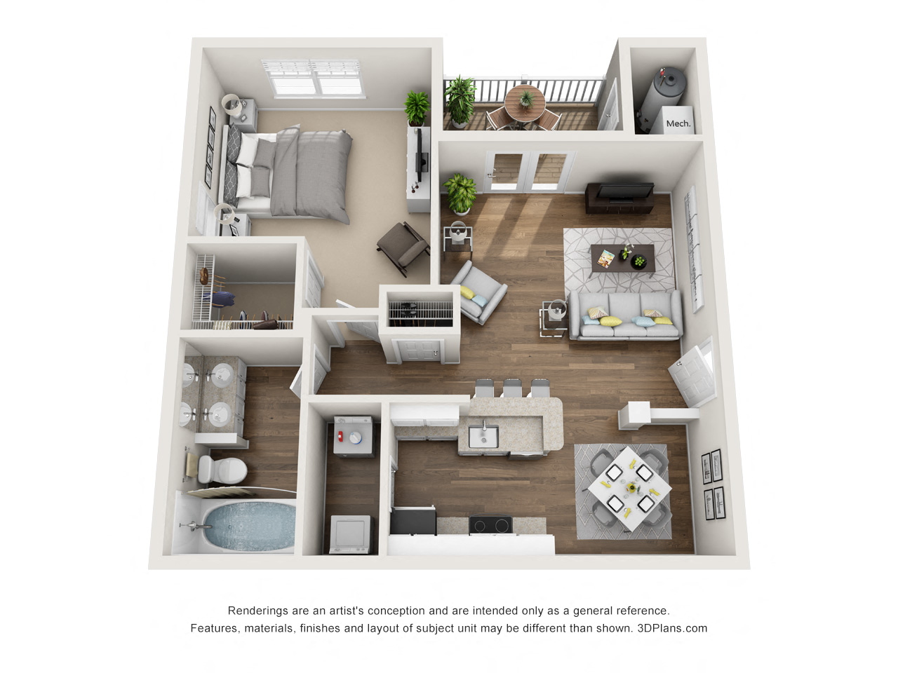 Floor plan for 1 bed, 1 bath, 860 sqft