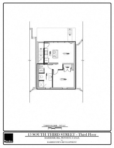 Floor plan for 1 bed, 1 bath, 595 sqft