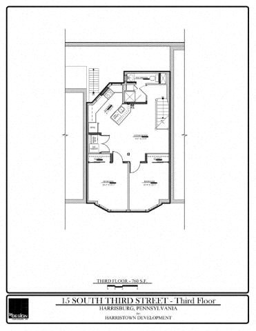 Floor plan for 2 beds, 1 bath, 760 sqft