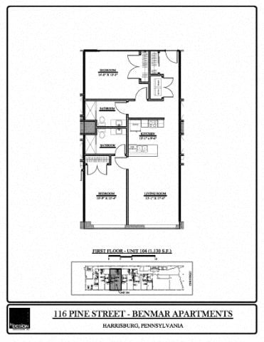 Floor plan for 2 beds, 2 baths, 1130 sqft