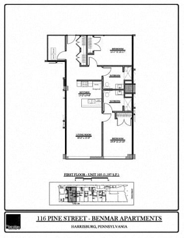 Floor plan for 2 beds, 2 baths, 1197 sqft
