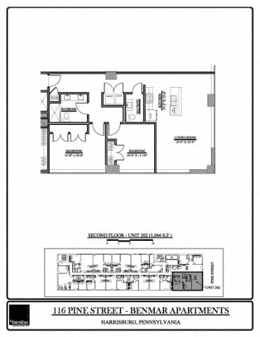 Floor plan for 2 beds, 1.5 baths, 1046 sqft