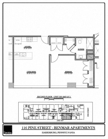 Floor plan for 1 bed, 1 bath, 665 sqft