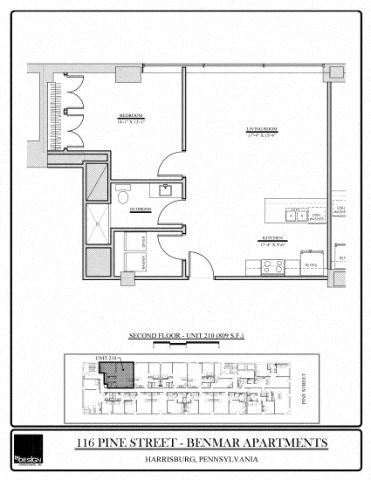 Floor plan for 1 bed, 1 bath, 809 sqft