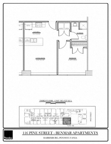Floor plan for 1 bed, 1 bath, 525 sqft