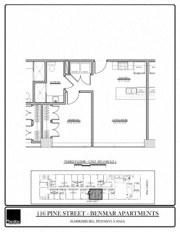 Floor plan for 1 bed, 1 bath, 540 sqft