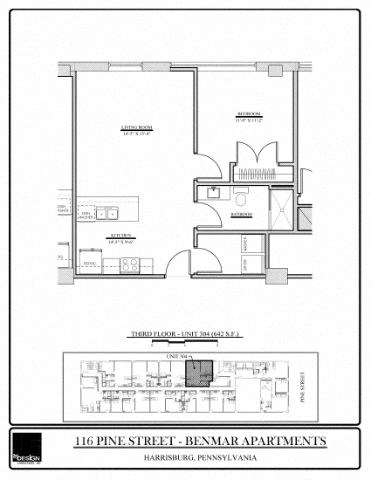 Floor plan for 1 bed, 1 bath, 642 sqft