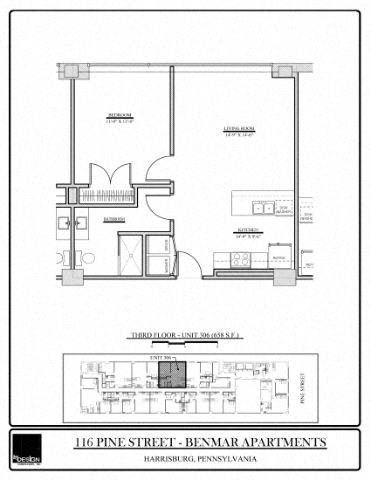 Floor plan for 1 bed, 1 bath, 658 sqft