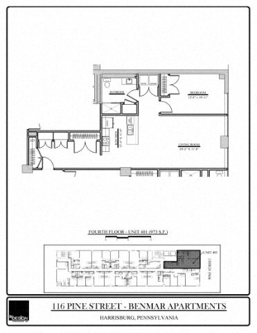 Floor plan for 1 bed, 1 bath, 973 sqft