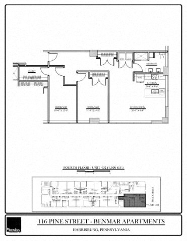 Floor plan for 2 beds, 1 bath, 1100 sqft