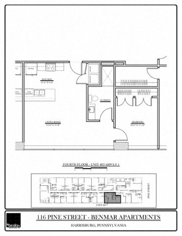Floor plan for 1 bed, 1 bath, 609 sqft