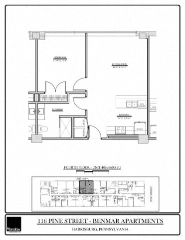 Floor plan for 1 bed, 1 bath, 660 sqft