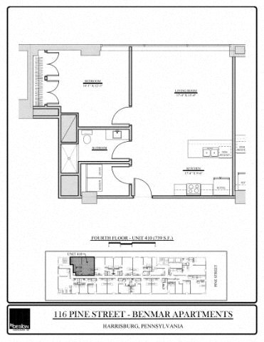 Floor plan for 1 bed, 1 bath, 739 sqft