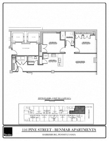 Floor plan for 2 beds, 1.5 baths, 1059 sqft