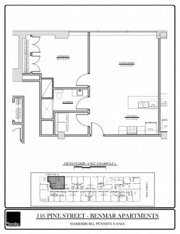 Floor plan for 1 bed, 1 bath, 809 sqft
