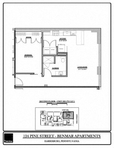 Floor plan for 1 bed, 1 bath, 721 sqft