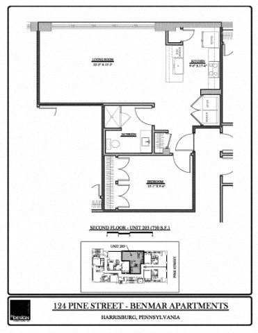 Floor plan for 1 bed, 1 bath, 730 sqft