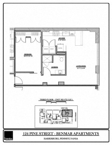 Floor plan for 1 bed, 1 bath, 721 sqft