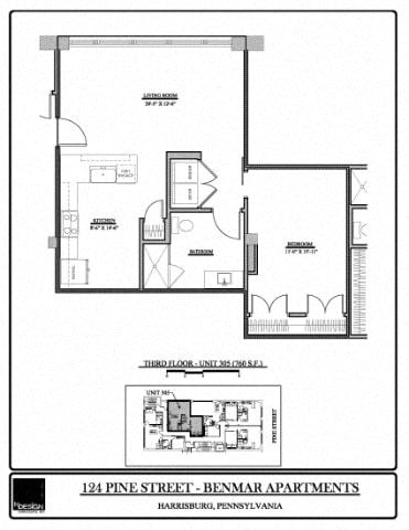 Floor plan for 1 bed, 1 bath, 760 sqft