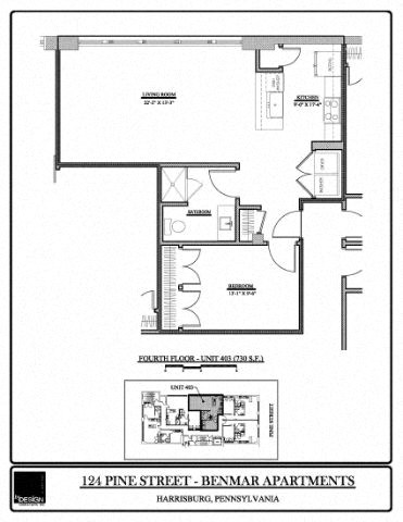 Floor plan for 1 bed, 1 bath, 730 sqft