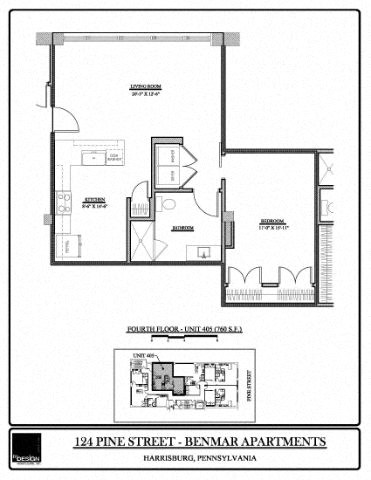 Floor plan for 1 bed, 1 bath, 760 sqft