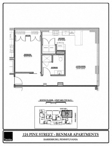 Floor plan for 1 bed, 1 bath, 721 sqft