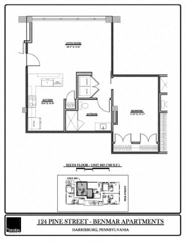Floor plan for 1 bed, 1 bath, 760 sqft
