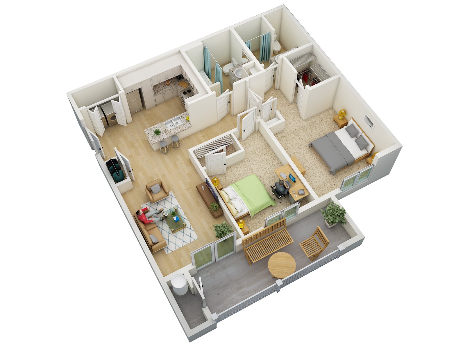 Floor plan for 2 beds, 2 baths, 1082 sqft