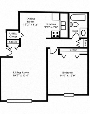 Floor plan for 1 bed, 1 bath, 800 sqft