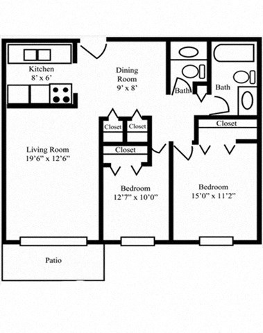 Floor plan for 2 beds, 2 baths, 1000 sqft