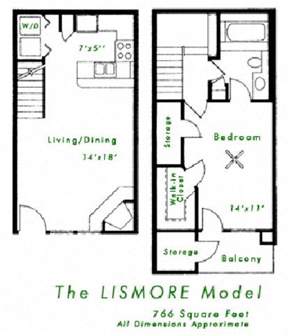 Floor plan for 1 bed, 1 bath, 766 sqft