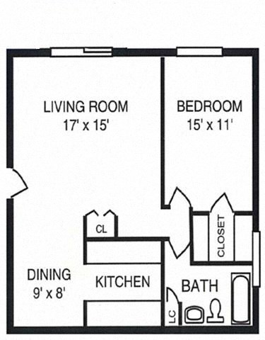 Floor plan for 1 bed, 1 bath, 650 sqft