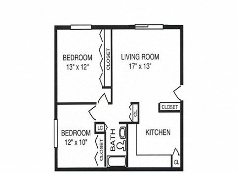 Floor plan for 2 beds, 1 bath, 890 sqft